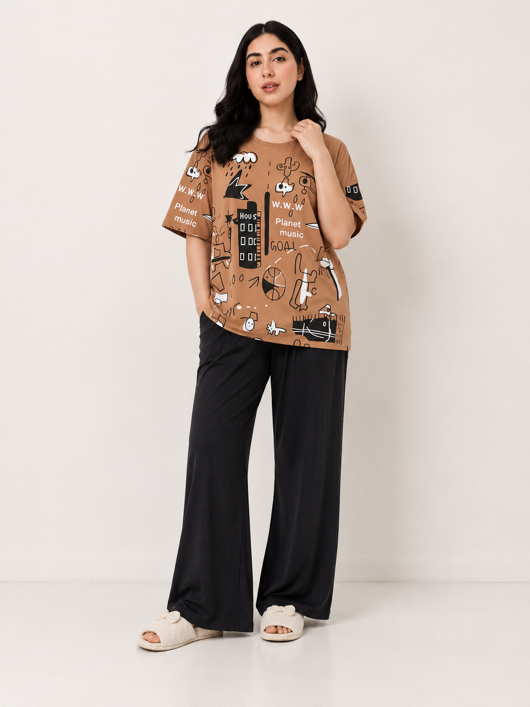 Women's Lavender Print Night Suit – Soft T-Shirt & Black Pajama Set